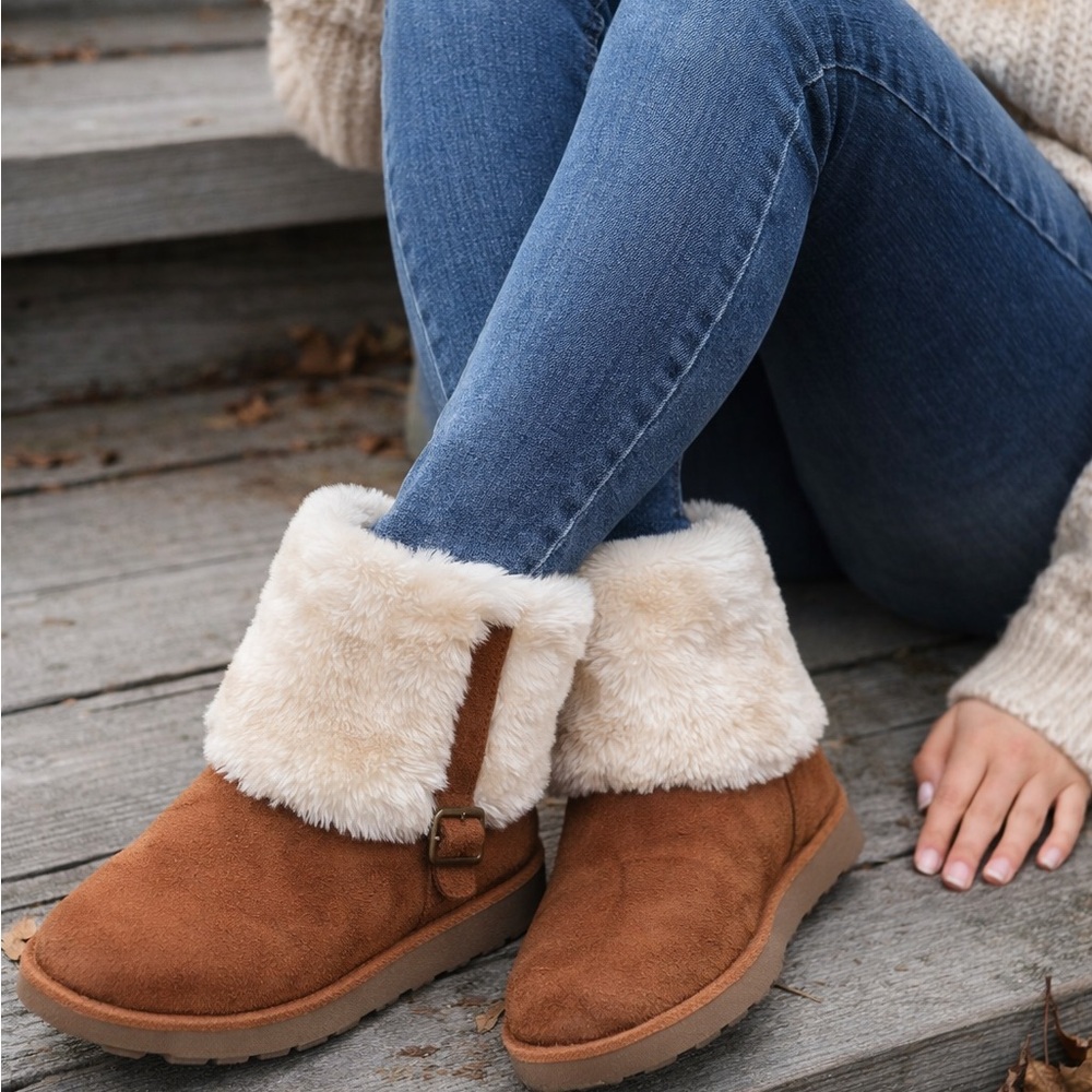 Cozy Faux Suede & Faux Fur Ankle Boots – Women’s Size 9